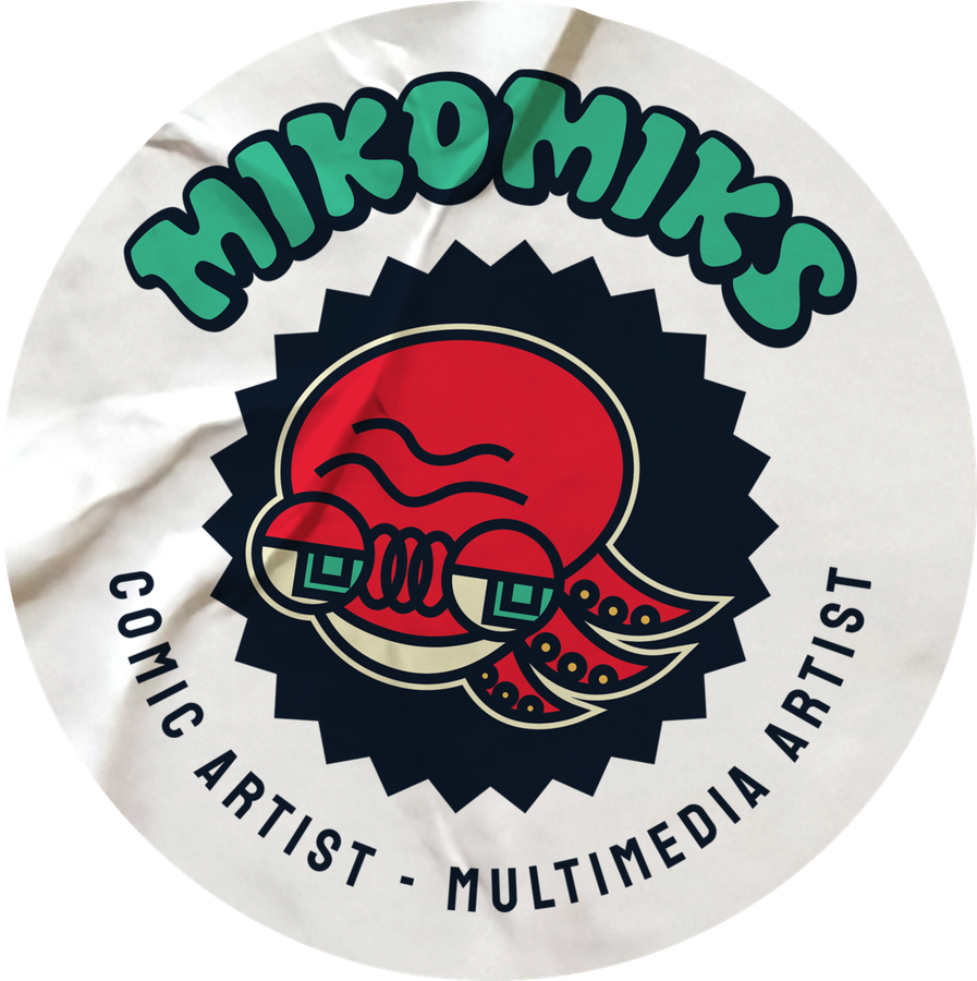 Mikomiks sticker logo standing in for the O